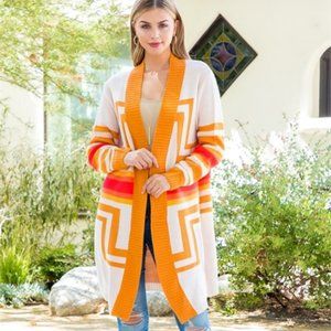 Multi Color Geometric Print open front long sleeve cardigan cream orange